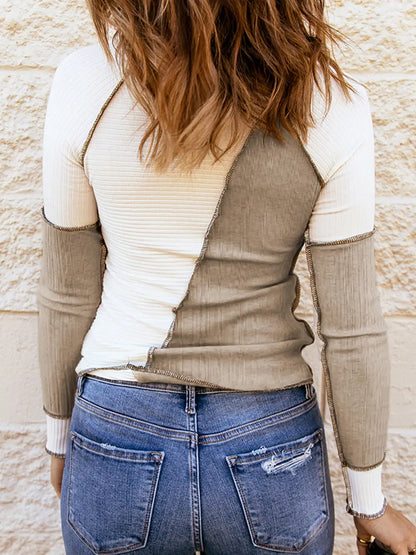 Ribbed Color Block Slim Fit Top with Contrast Seams