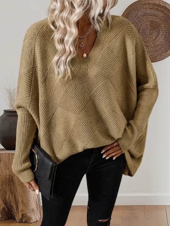 Textured Camel Checkered Knit Sweater