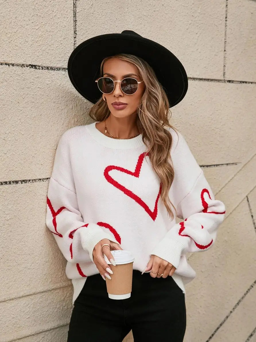 Heart Print Pullover Sweater-Knit Top