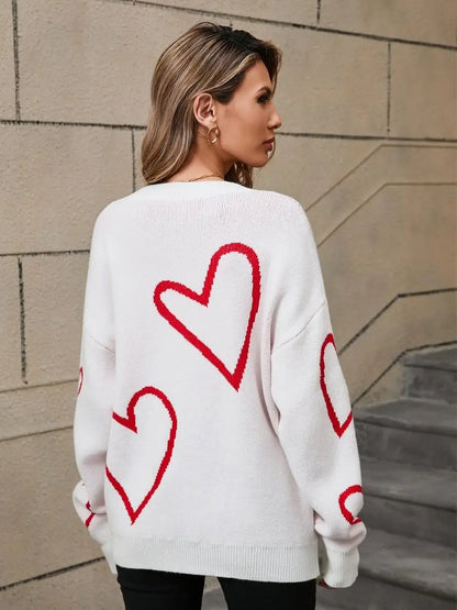 Heart Print Pullover Sweater-Knit Top
