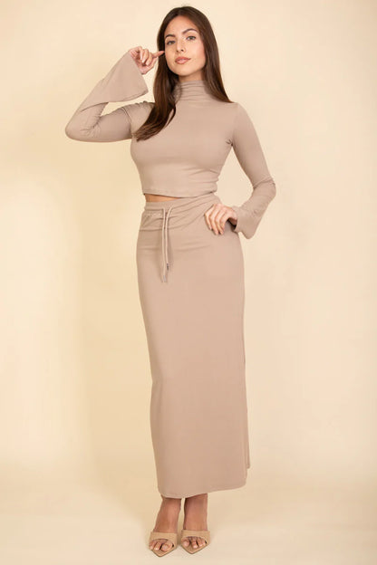 Mock Neck Bell Sleeve Crop Top & Maxi Skirt Set