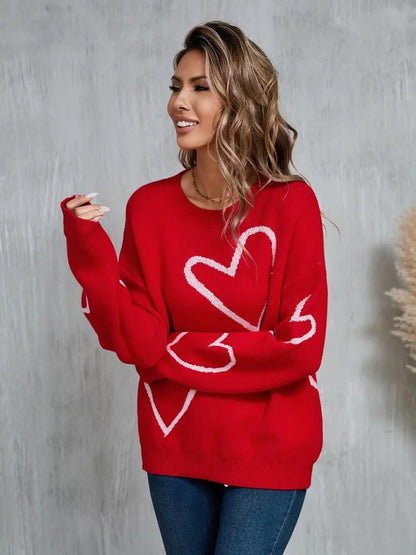 Heart Print Pullover Sweater-Knit Top